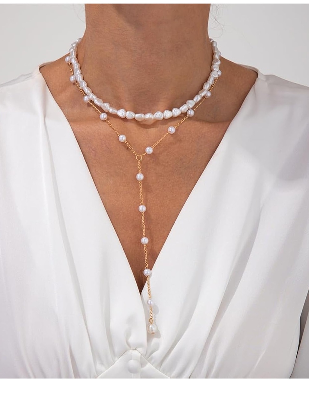 Gold Pearl Lariat Necklace - White Pearls